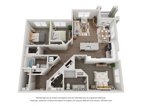 From entry is laundry closet and two closets. Hallway into open-concept kitchen with island, large dining with balcony, and living area. Bedroom 1 with closet. Bedroom 2 with walk-in closet. Bathroom with garden tub. Bedroom 3 is large with private dual-vanity bathroom, walk-in closet.